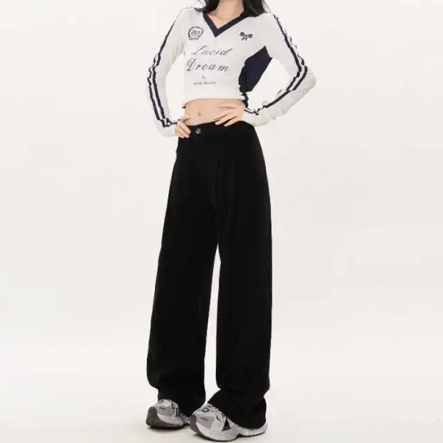 Autumn And Winter College Style Straight leg Pants Corduroy Wide leg Pants Black Trousers - Shop at LoveMi