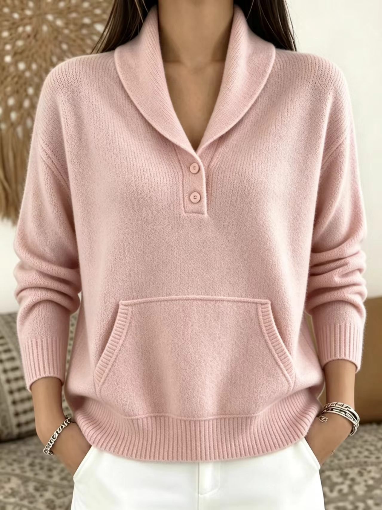 Suit Collar Button Kangaroo Pocket Sweater For Women 6