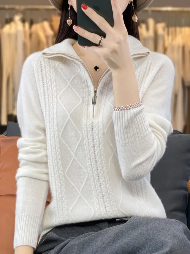 Autumn And Winter Twisted Half Zipper Cashmere Sweater Warm White - Shop at LoveMi