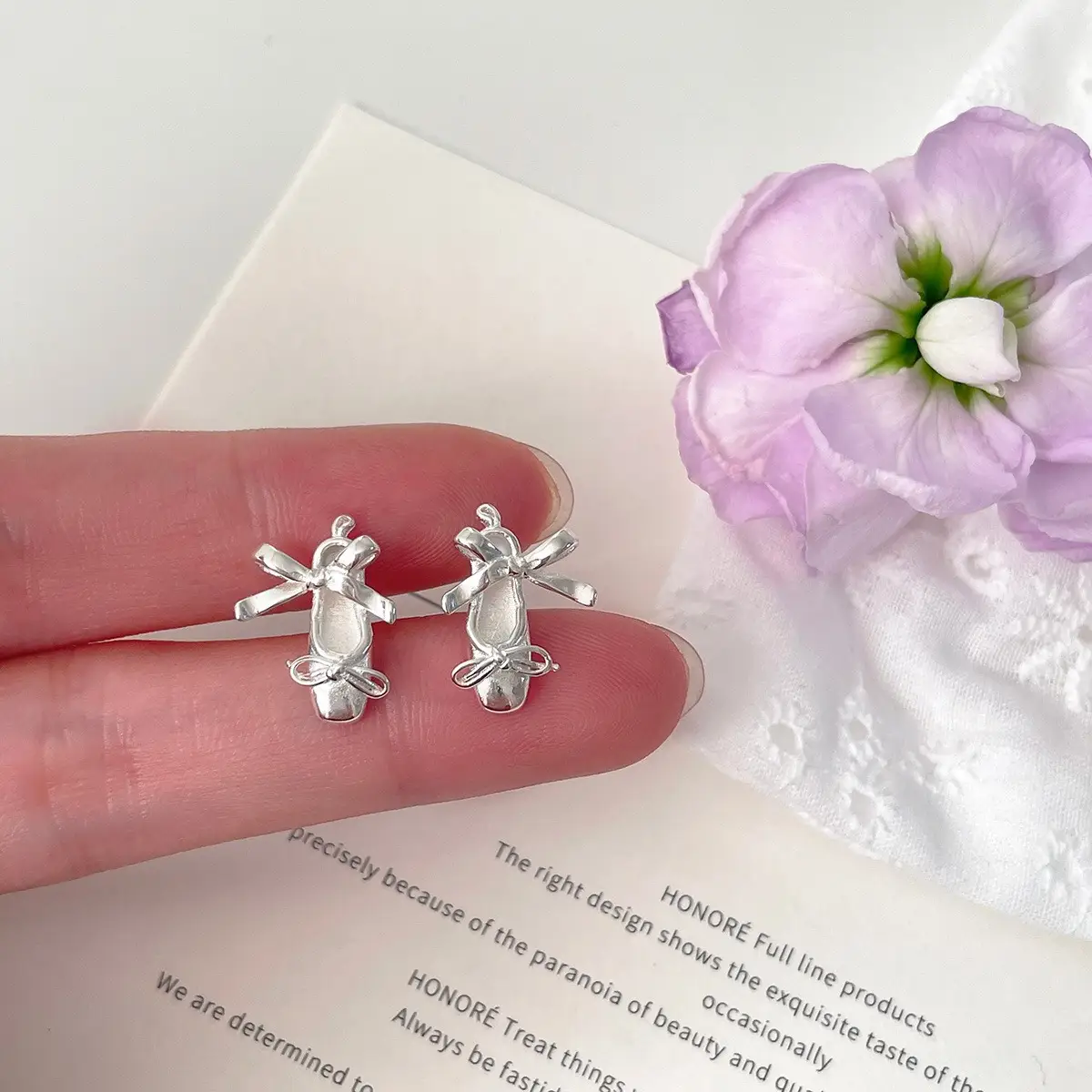 925 Silver Needle Ballet Shoes Stud Earrings Women's Exquisite Sweet Ribbon Bow