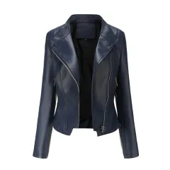PU Lapel Women Slim-fit Leather Coat Women - Dark Blue - View 1