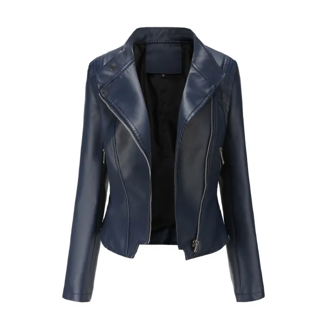 PU Lapel Women Slim fit Leather Coat Women Dark Blue - Shop at LoveMi