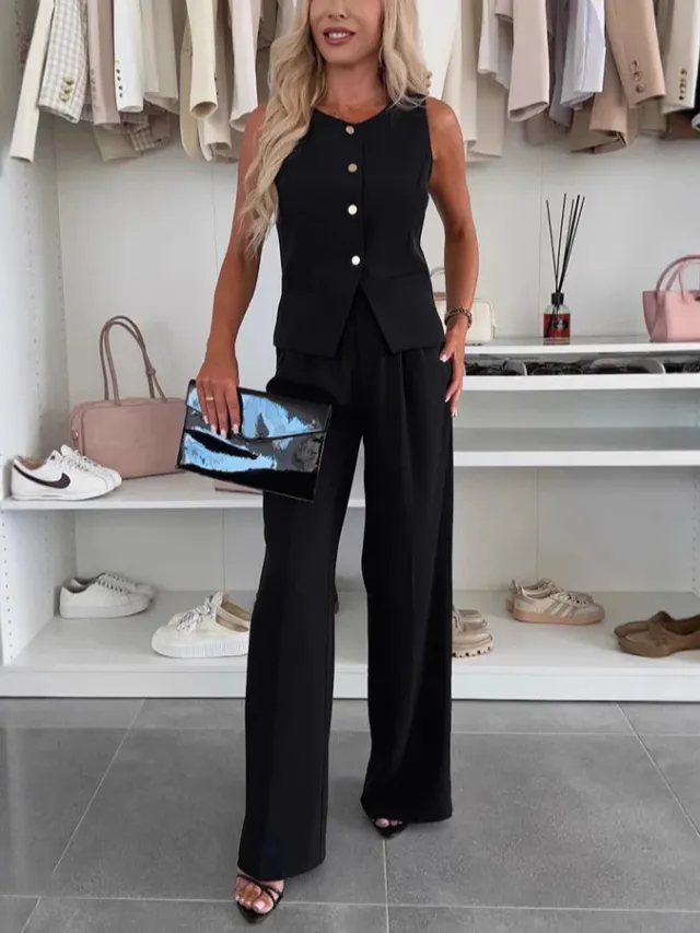 Elegant Commuter Suit V neck Buttons Decorative Vest Trousers Black - Shop at LoveMi