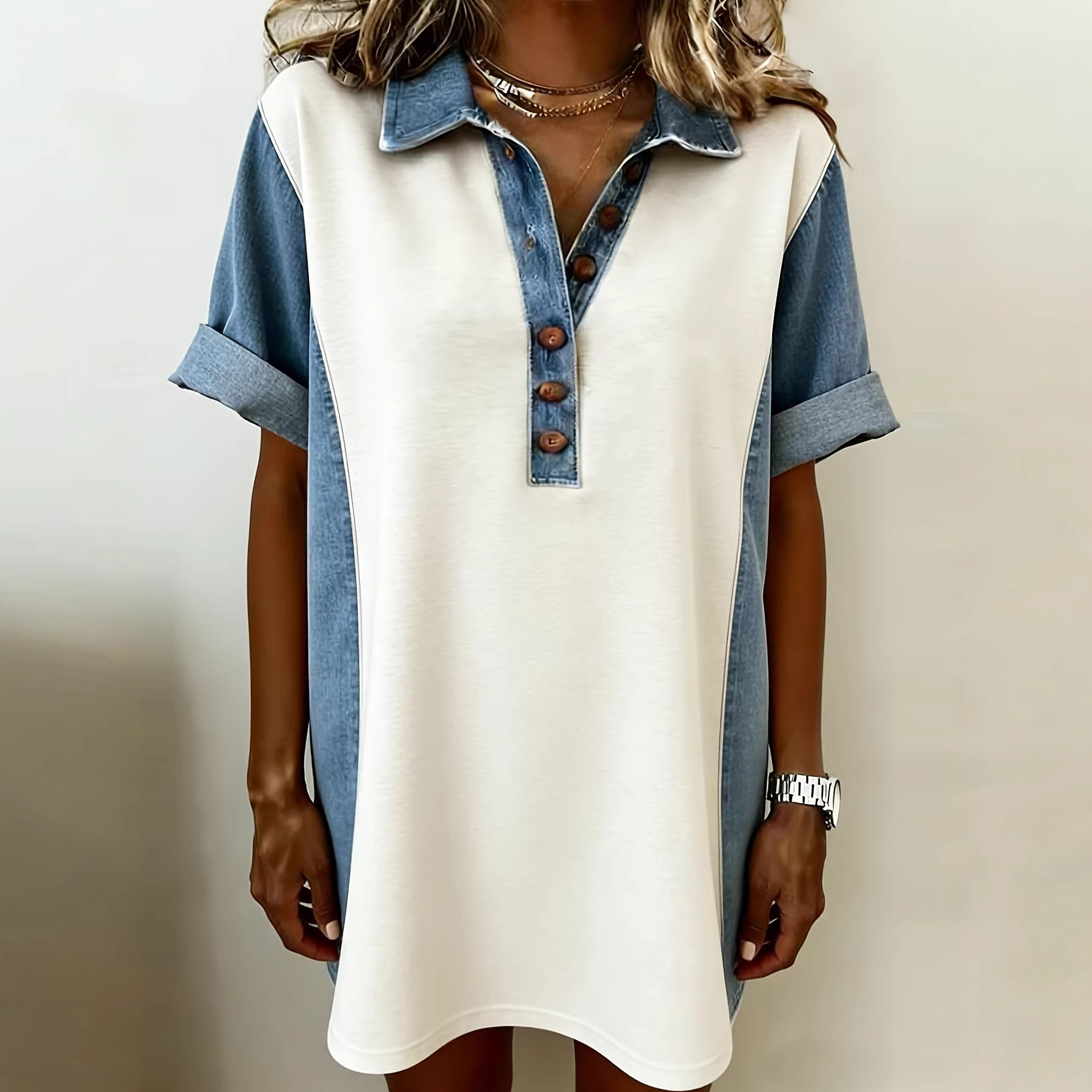 Denim-collar Short-sleeve Pullover Patchwork Knit Dress
