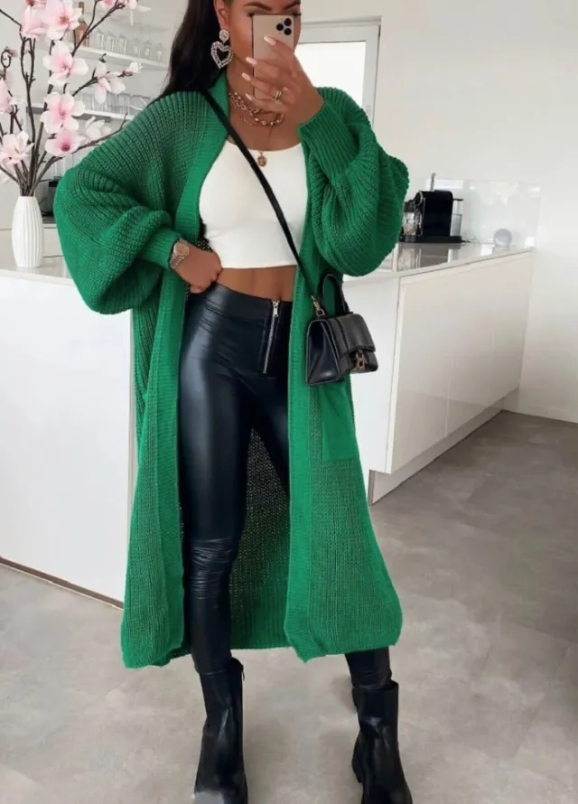 Solid Color Knitwear Pocket Cardigan Mid length Sweater Women's Coat Green - Shop at LoveMi