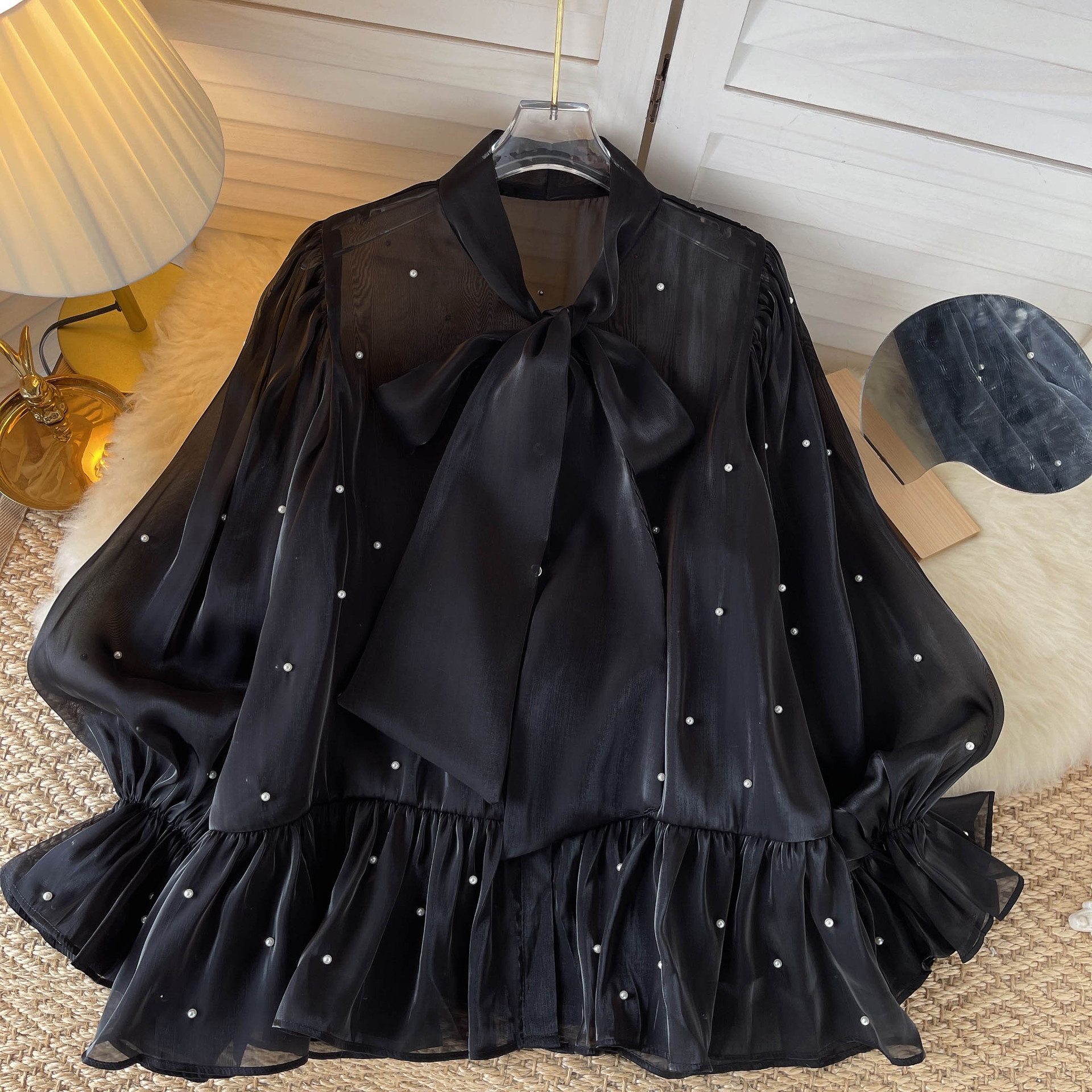 Niche Design Beaded Bowknot Bell Sleeve Shirt Top Black - Shop at LoveMi