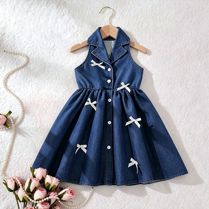 Girls Denim Lapel-Style Dress Set