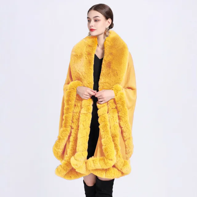 Fur Collar Shawl Cape Knitted Cardigan Baggy Coat Yellow - Shop at LoveMi
