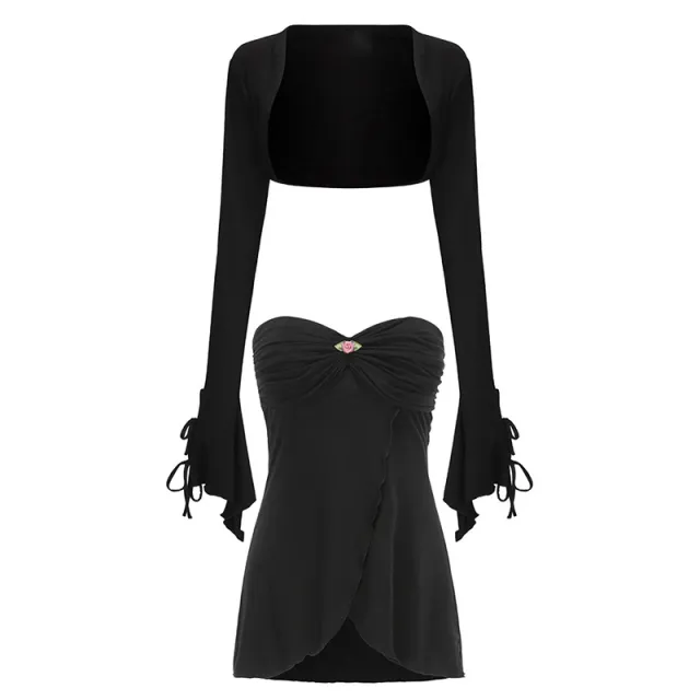 Wrapped Chest Long Sleeve Shawl Pleated Lotus Leaf Skirt Black Top - Shop at LoveMi