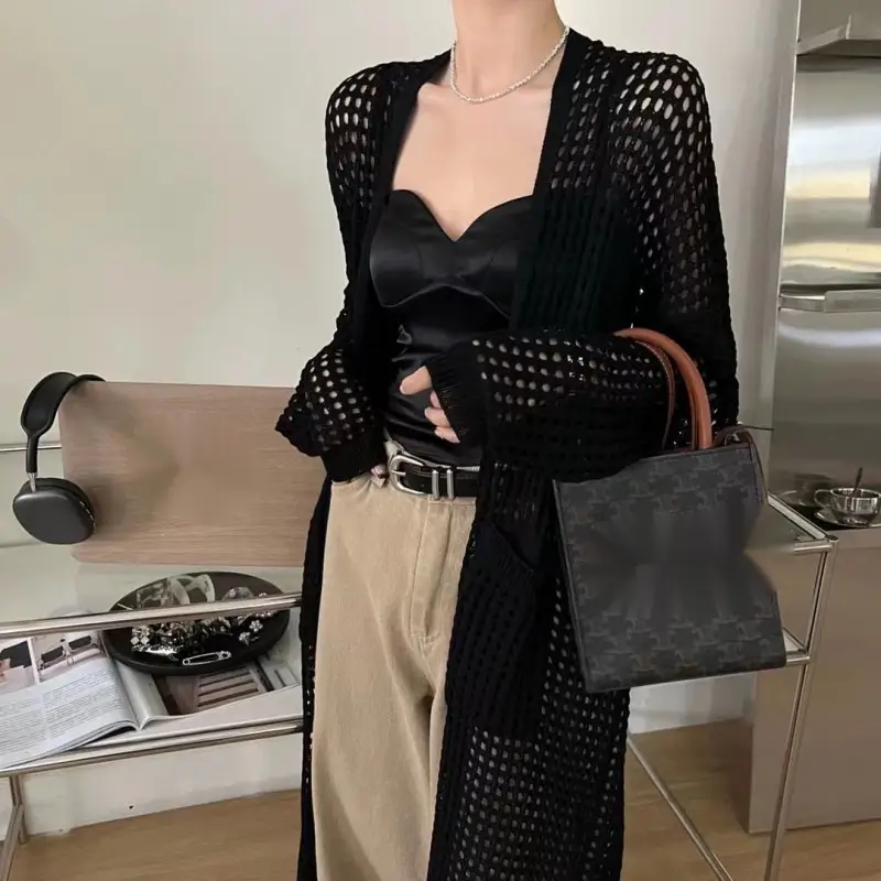 Hollow Out Bandage Knitted Dress Long Sleeve Seaside Vacation Dress