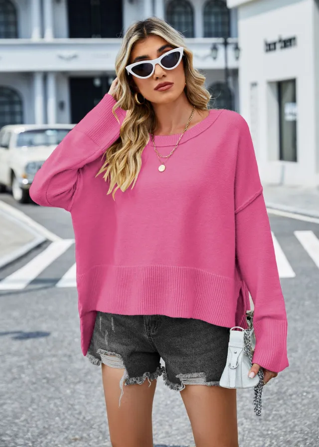 Round Neck Women's Knitwear Bell Sleeve Solid Color Sweater Rose Red - Shop at LoveMi