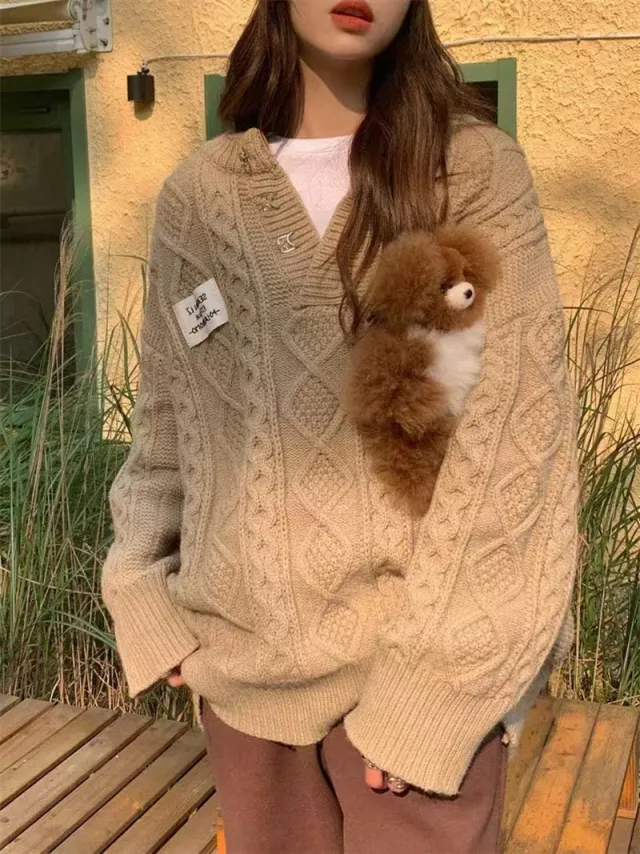 New Loose Pullover Lazy Comfortable Cable knit Sweater Apricot - Shop at LoveMi