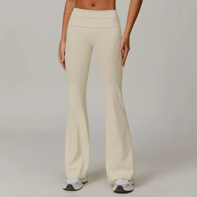 Women's Casual Folding High Waist Yoga Pants Cream - Shop at LoveMi