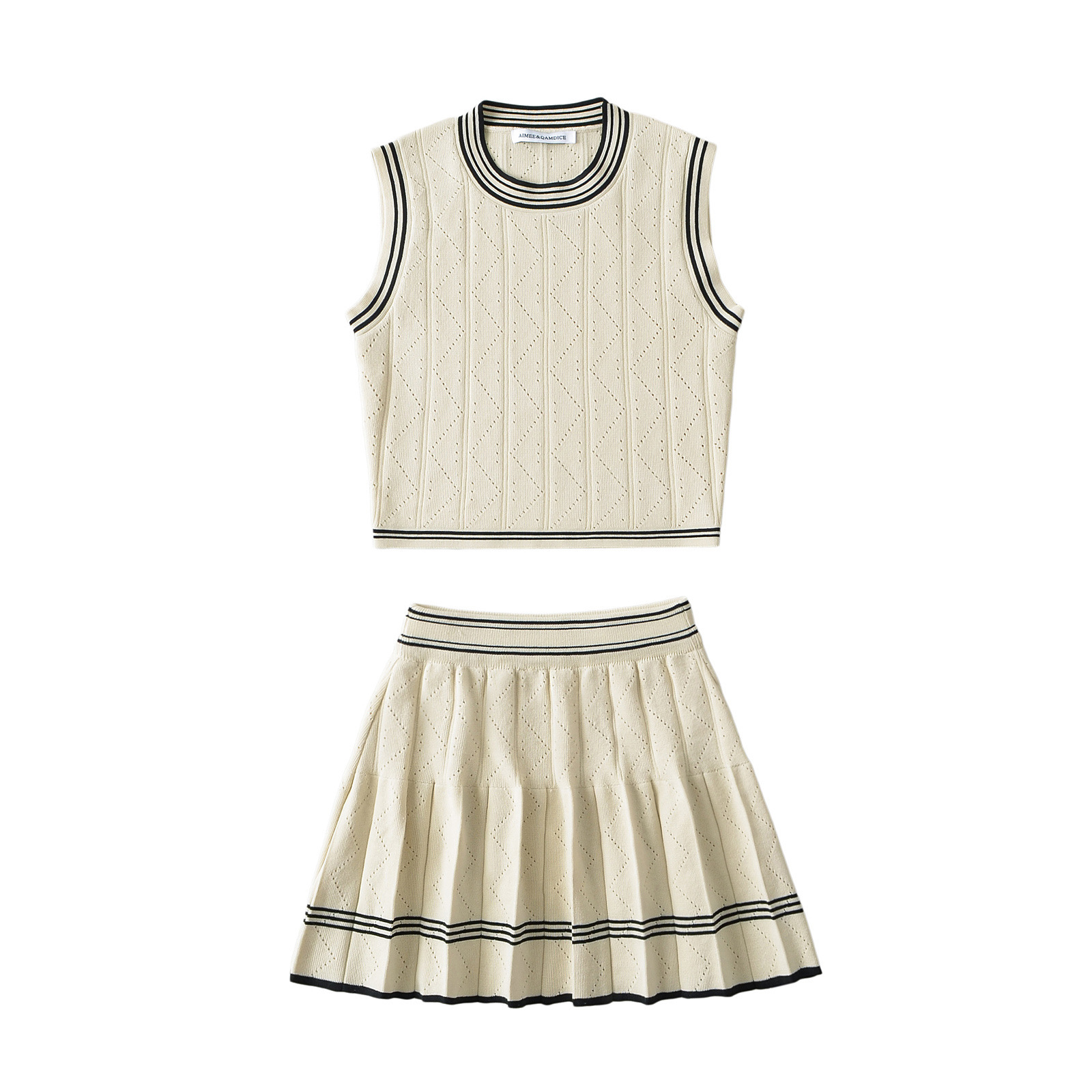 Women's American style Contrast Color Striped Knitted Vest Skirt Casual Suit Apricot - Shop at LoveMi