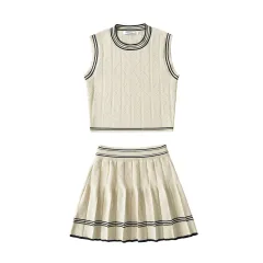 Women's American-style Contrast Colour Striped Knitted Vest Skirt Casual Suit - Apricot - View 1