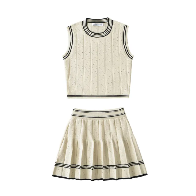Women's American style Contrast Color Striped Knitted Vest Skirt Casual Suit Apricot - Shop at LoveMi