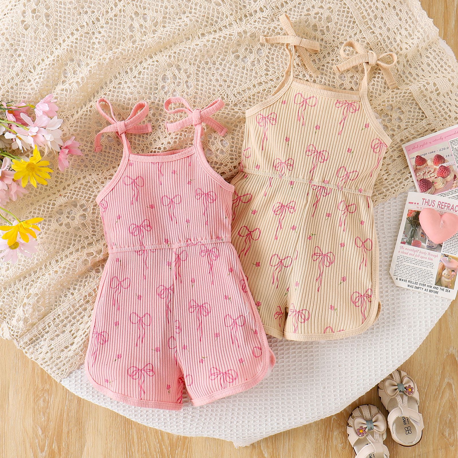 Girls Bow-Knot Pattern Suspender Jumpsuit Shorts