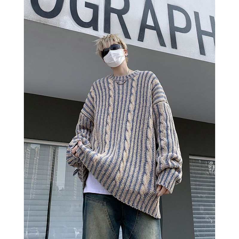 Striped Retro American Loose Round Neck Sweater