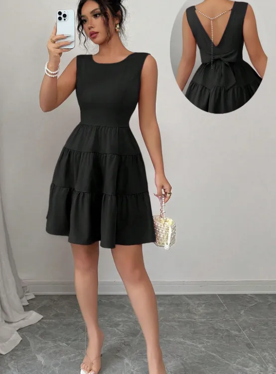 Solid color Backless Bow knot Sleeveless Mini Dress Black - Shop at LoveMi