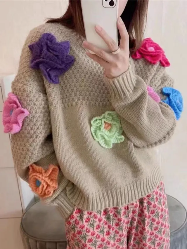 Loose fitting Long Sleeve Sweater Design Sense Idle Style Soft Glutinous Top Khaki - Shop at LoveMi