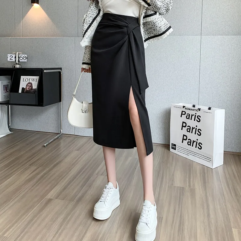 Autumn And Winter New Woolen Lace-up Sexy Slit Skirt - Black