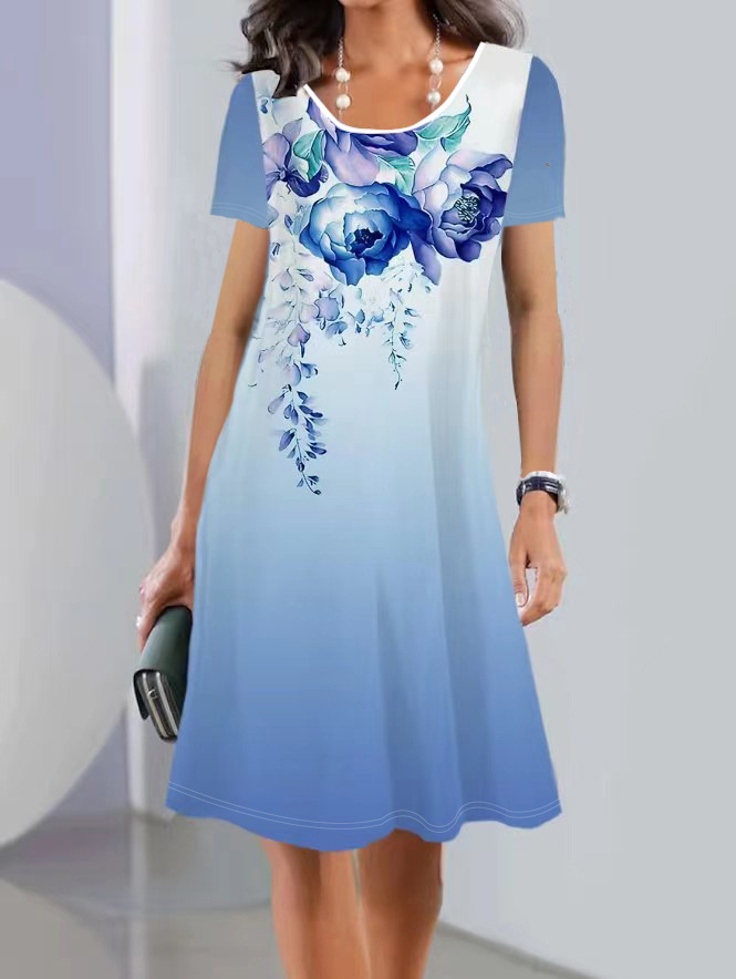 Spring And Summer Print Short Sleeve Round Neck Mid length Dress Element 6 S - Shop at LoveMi
