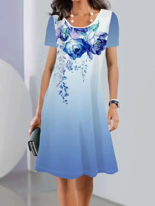 Spring And Summer Print Short Sleeve Round Neck Mid length Dress Element 6 - Shop at LoveMi
