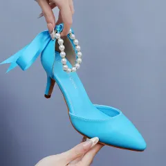 7cm Mid Heel Rhinestone Beaded Ribbon Sandals Matte Soft PU Leather Dress Shoes For Women - Blue - View 1