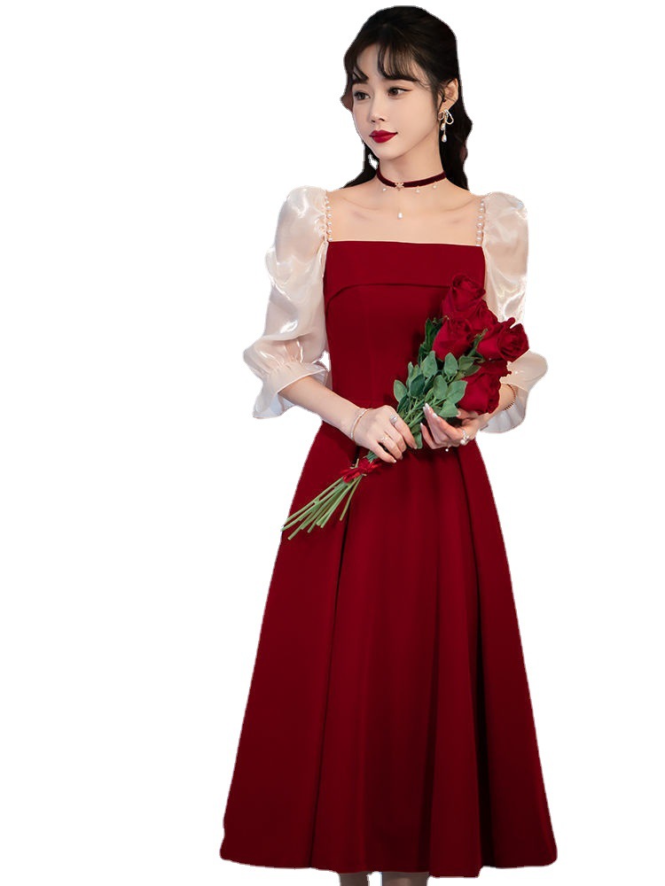 Women's All-match Wine Red High Sense Dress