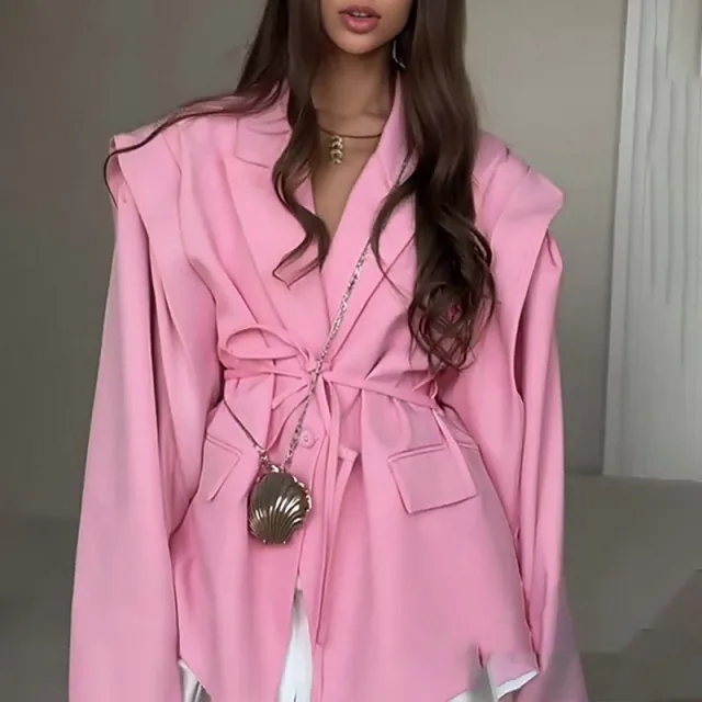 Thin Lace up Loose All matching V neck Coat Women Pink - Shop at LoveMi