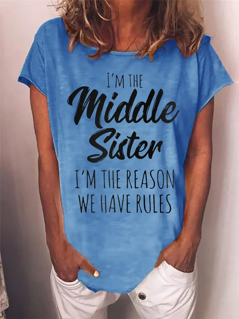 Letter Flower Print Short Sleeve Round Neck T-shirt Women's Comfortable Fashion Tops - Blue