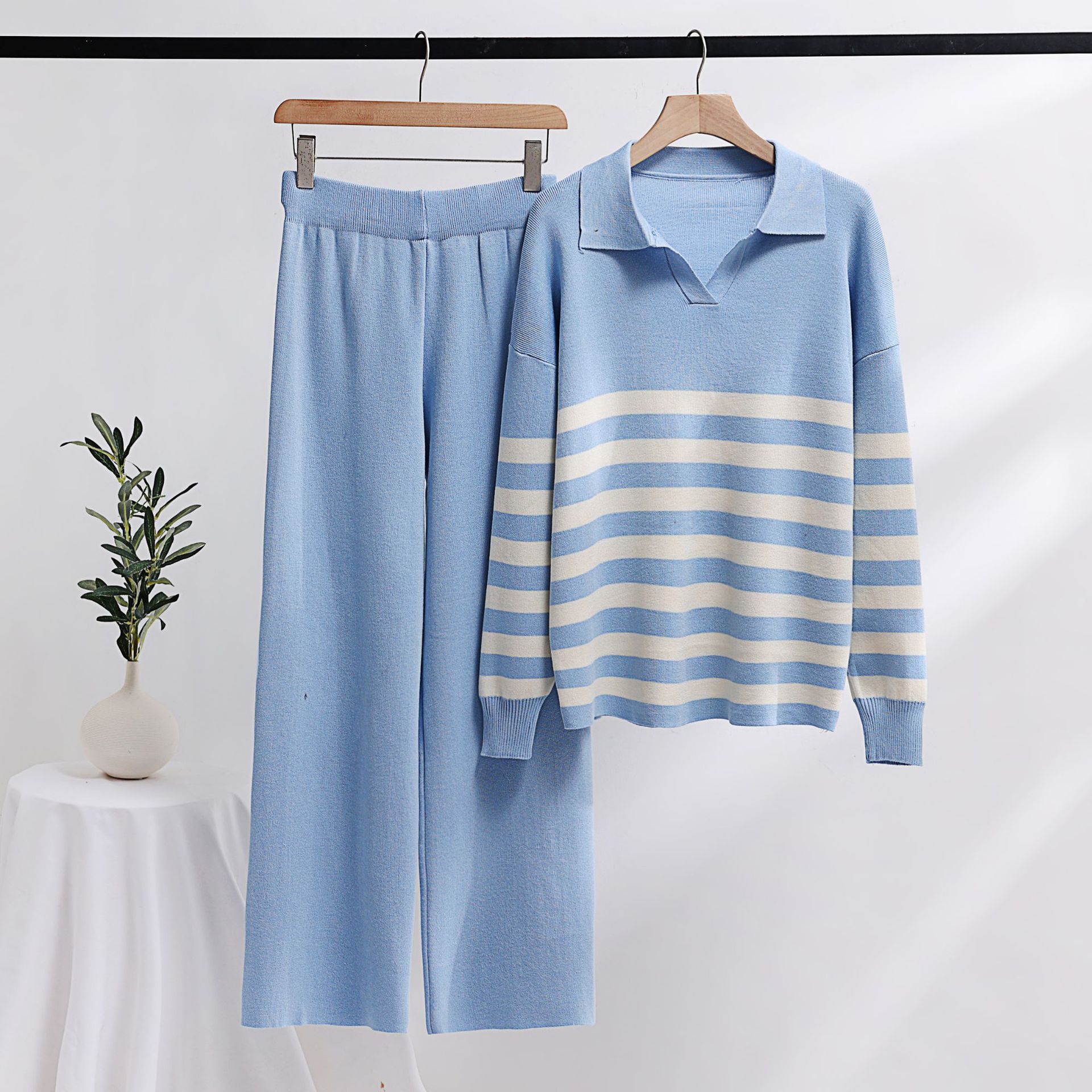 Knitting Suit Polo Collar Striped Sweater Loose Two-piece Suit