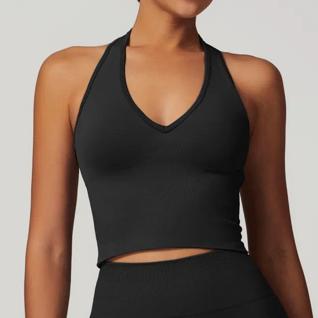 Women's Halter Cropped Top Beauty Back Yoga Bra Seamless Fitness Sports Vest Black - Shop at LoveMi