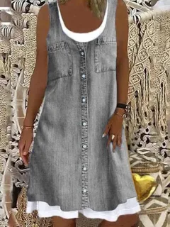 Fake Two Pieces Denim Printing Casual Dress - Jlbxqg009 - View 1