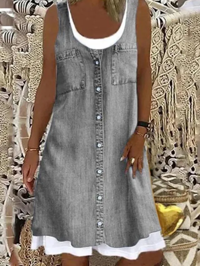 Fake Two Pieces Denim Printing Casual Dress Jlbxqg009 - Shop at LoveMi