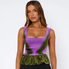 European And American U-neck Contrast-color Ruffled Sexy Vest T-shirt For Women - Green - View 1