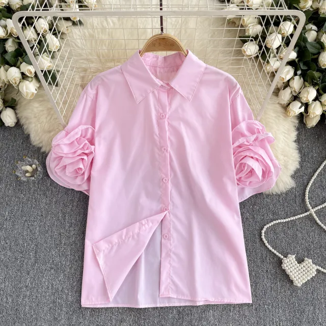 French Style Shirt Women's Design Three dimensional Flower Short Sleeve Pink - Shop at LoveMi