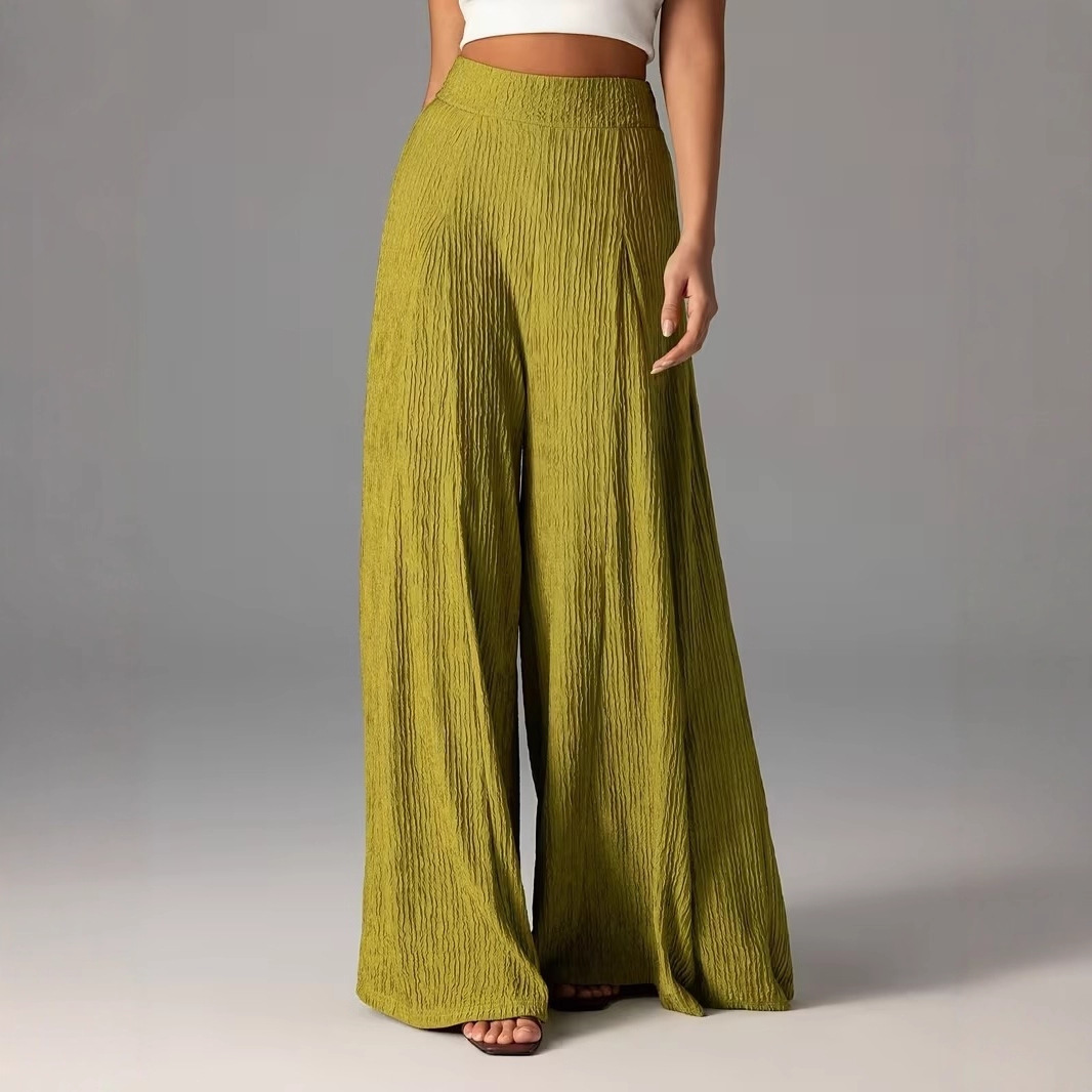 Elastic-waist Loose Solid-color Trousers High-waisted Wide-leg Pants