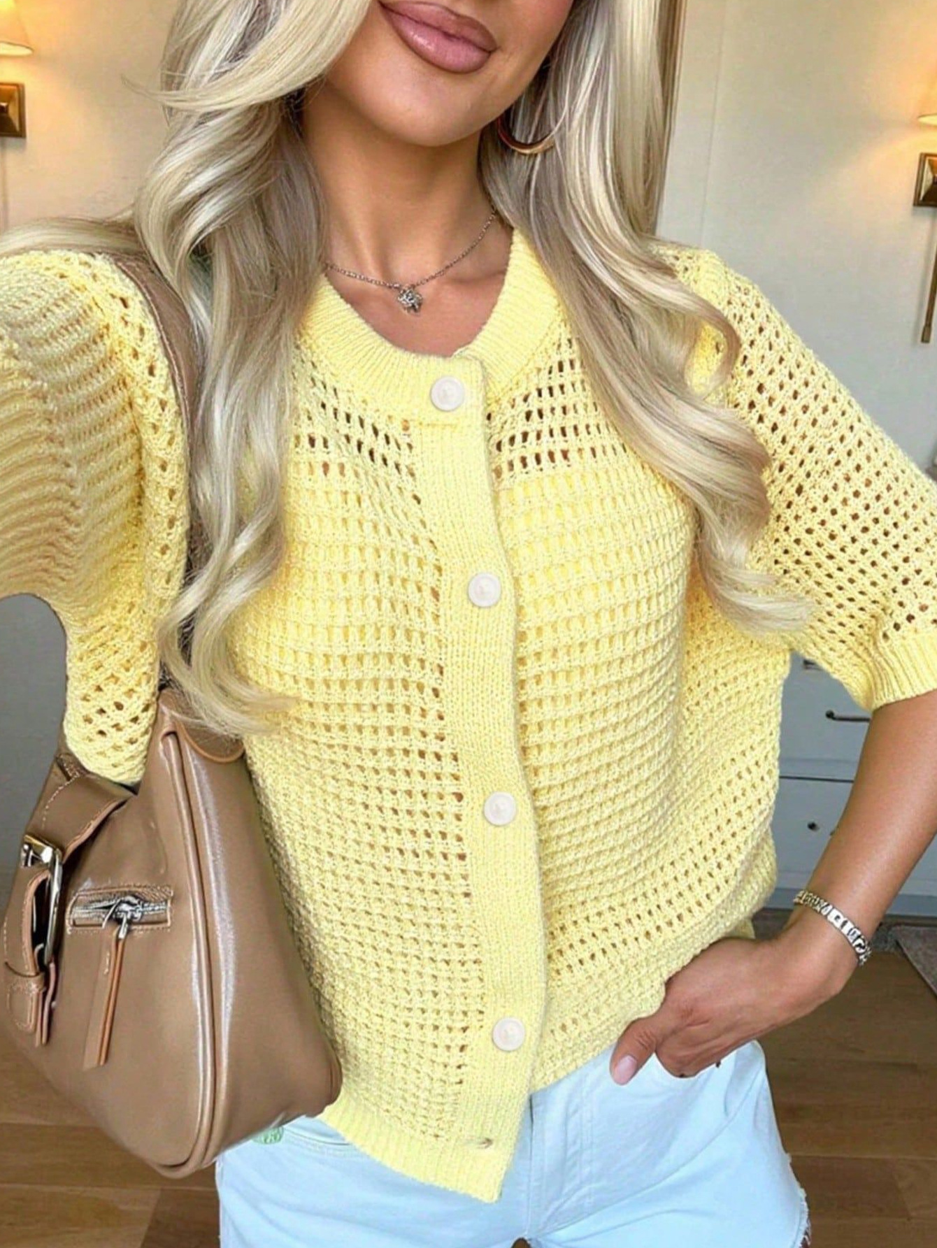 Women's knit cardigan in apricot – hollow-out open front elegant style