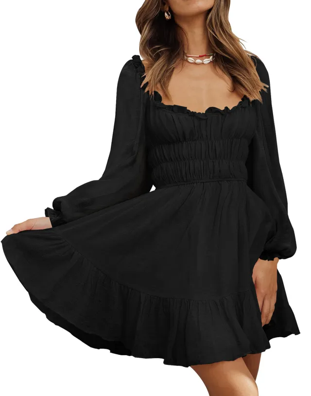 Square Neck Pleated Ruffle Lantern Sleeve Fresh And Sweet Dress Black - Shop at LoveMi