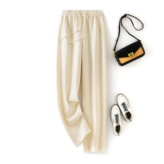 Autumn And Winter New Soft Glutinous Wool Straight Elastic Waist Long Sweatpants Apricot - Shop at LoveMi