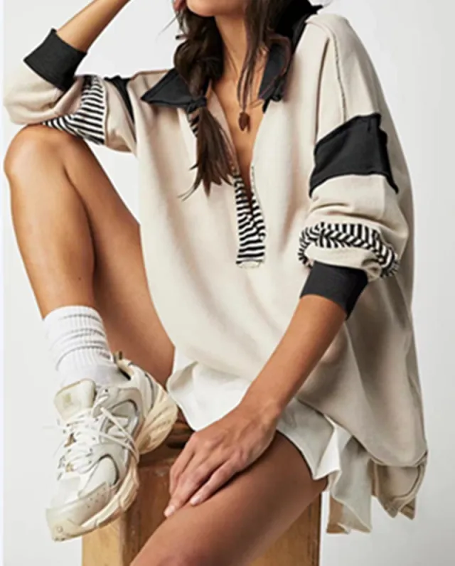 Loose V neck Casual Long Sleeve Pullover Split Patchwork Sweater Black Beige And White - Shop at LoveMi