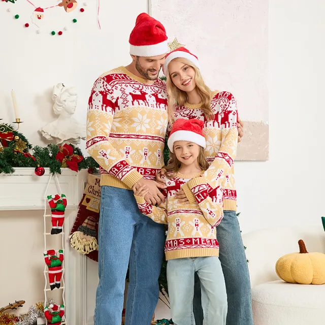 Casual Parent child Outfit Christmas Knitted Pullover Sweater Apricot - Shop at LoveMi