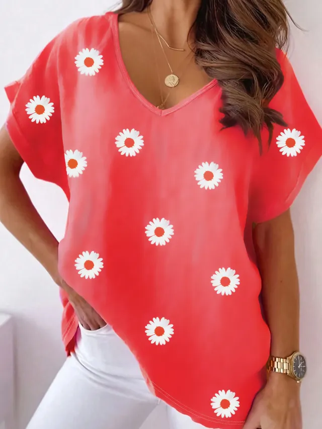 V neck Short Sleeve Fashion Flower Print T shirt Red - Shop at LoveMi