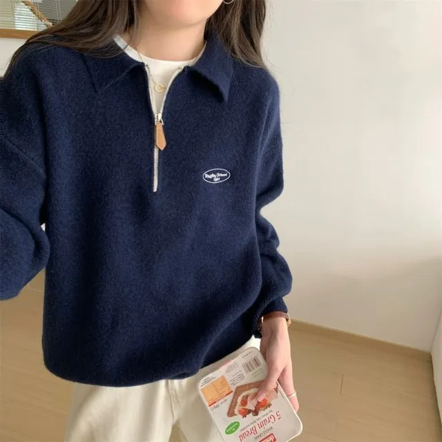 Korean Style Simple Polo Collar Zipper Inner Knitted Sweater Blue - Shop at LoveMi
