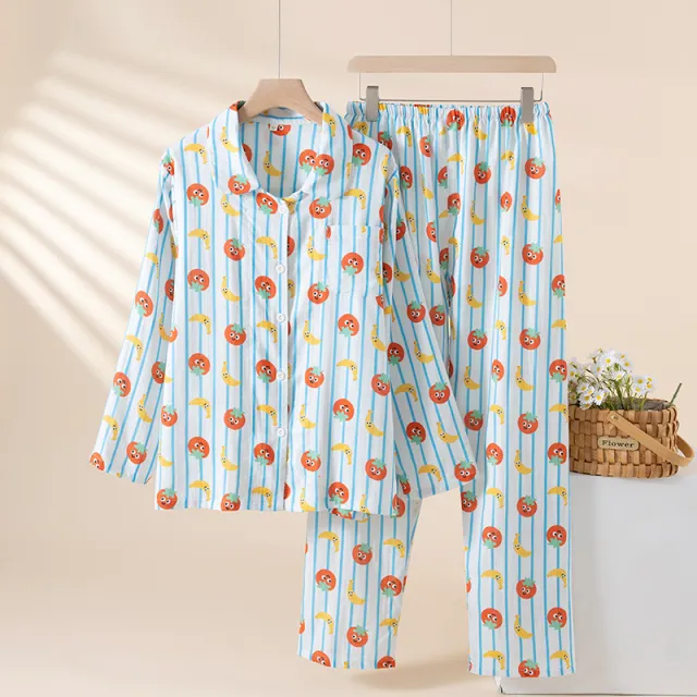 Pure Cotton Breathable Cartoon Lapel Student Summer Loungewear Suit Tomato And Banana Xl - Shop at LoveMi
