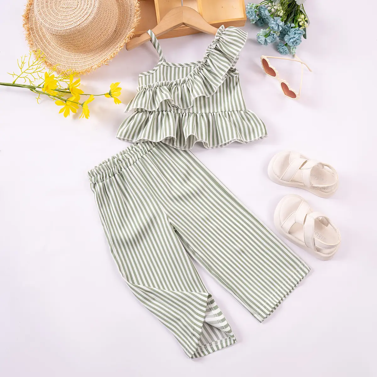 Girls' Striped Spaghetti Straps Tops And Shorts