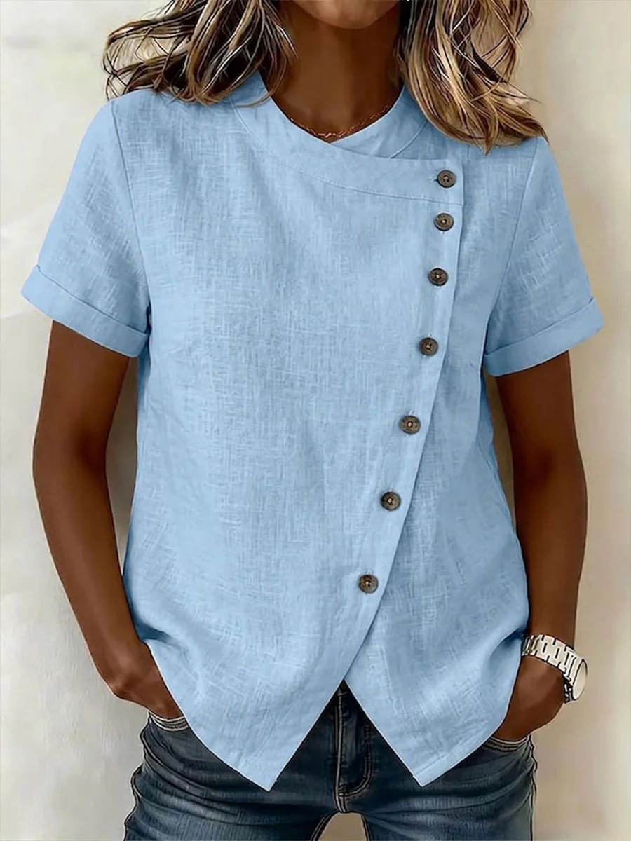 Women's cotton linen loose top – black colorway short sleeve