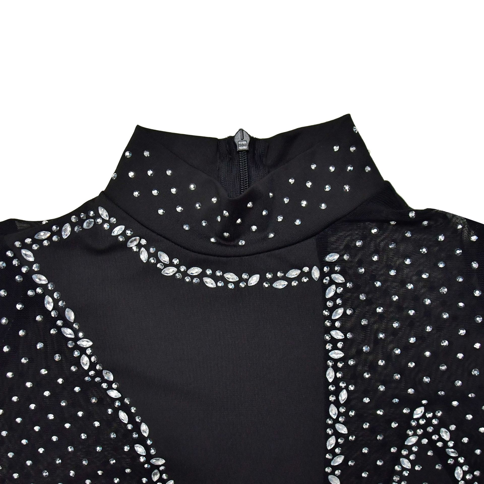 Title 17, Wear Pure Color Mesh Rhinestone Long-sleeved Tr...