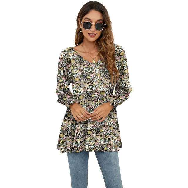 Women's Fashion Casual Printing Bubble Long Sleeve Waist Top No 3 Flower S - Shop at LoveMi